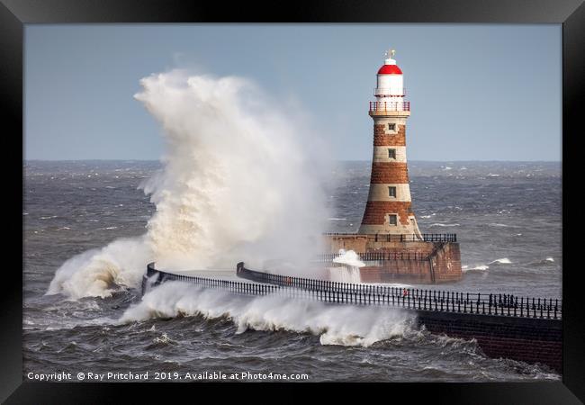Rough Sea at Roker Lighthouse Framed Print by Ray Pritchard