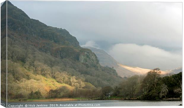 Llyn Gwynant and Mountains Snowdonia  Canvas Print by Nick Jenkins