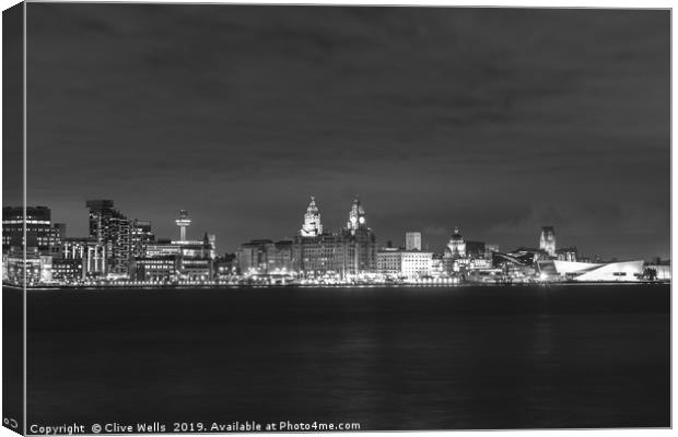 Night view of Liverpool waterfront in monochrome Canvas Print by Clive Wells