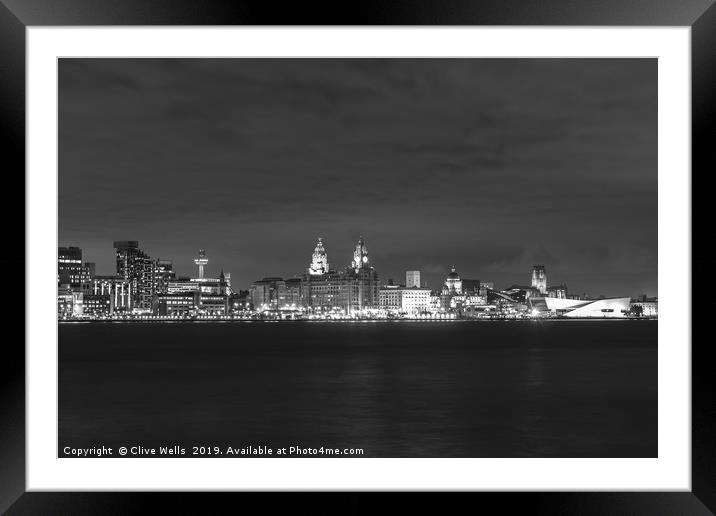 Night view of Liverpool waterfront in monochrome Framed Mounted Print by Clive Wells