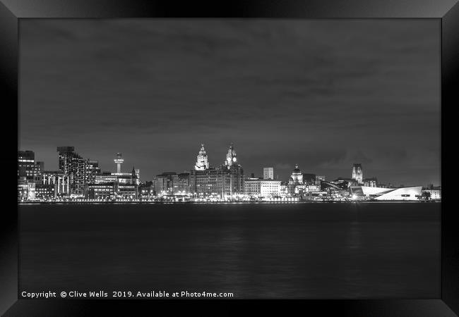 Night view of Liverpool waterfront in monochrome Framed Print by Clive Wells