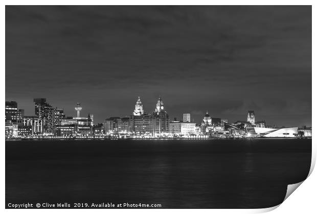 Night view of Liverpool waterfront in monochrome Print by Clive Wells