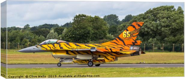 F-16A Fighting Falcon in Tiger Colours at RIAT Canvas Print by Clive Wells
