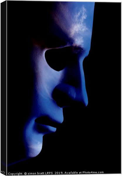 AI robotic face profile close up cloud skin Canvas Print by Simon Bratt LRPS
