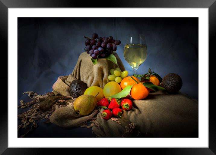 A mixture of fruit and a glass of wine Framed Mounted Print by Leighton Collins