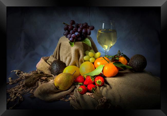 A mixture of fruit and a glass of wine Framed Print by Leighton Collins