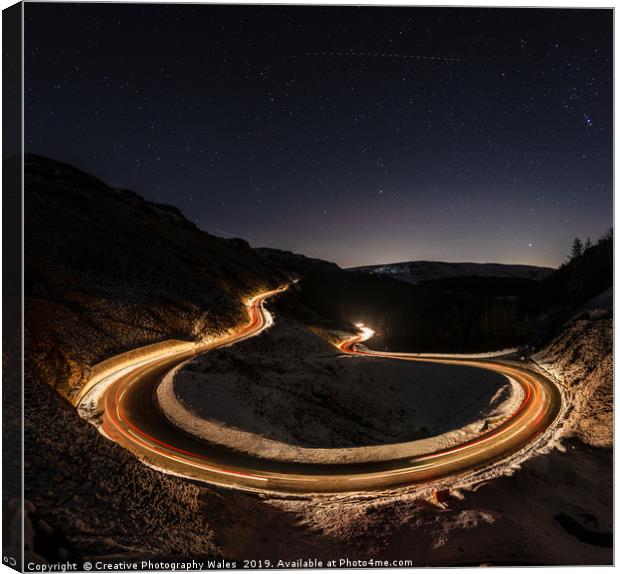 Bwlch-y-Clawdd Mountain Road at Night Canvas Print by Creative Photography Wales