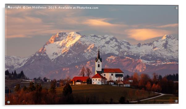 Prezganje church with snowy Kamnik Alps in the bac Acrylic by Ian Middleton