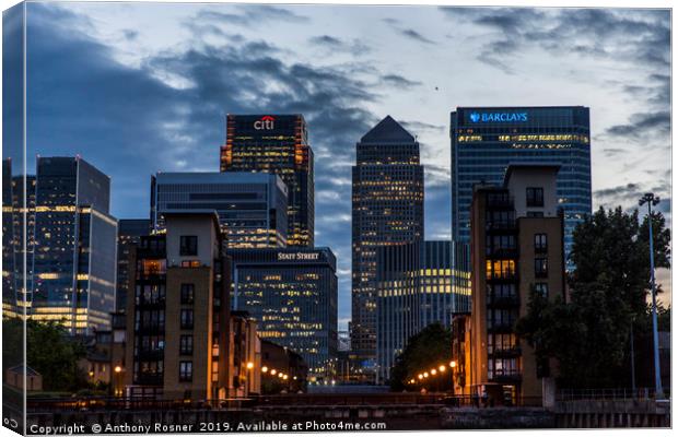 Summer Evening in Canary Wharf Canvas Print by Anthony Rosner