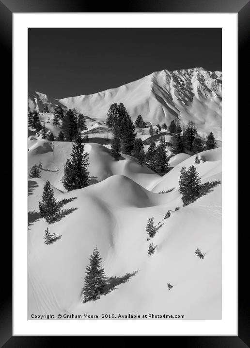 Undulating snowy mountainscape monochrome Framed Mounted Print by Graham Moore