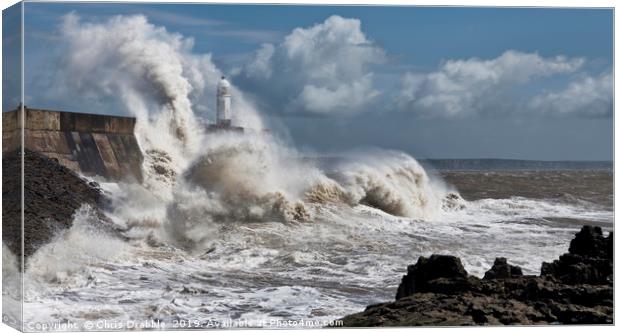 Porthcawl lighthouse in a storm  Canvas Print by Chris Drabble