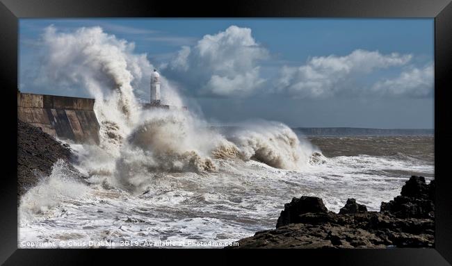 Porthcawl lighthouse in a storm  Framed Print by Chris Drabble