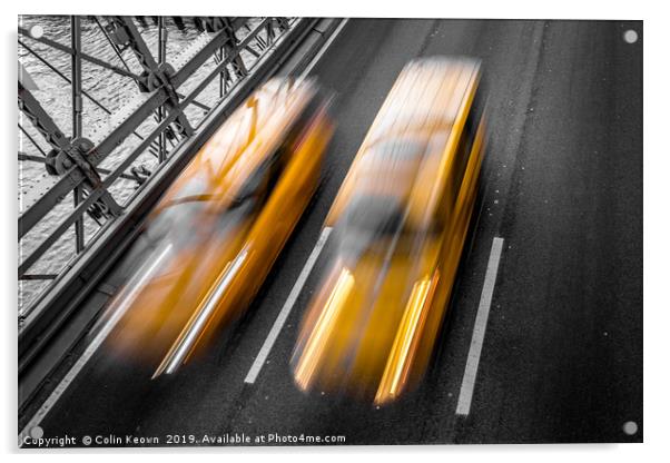 Yellow cabs crossing Brooklyn Bridge Acrylic by Colin Keown
