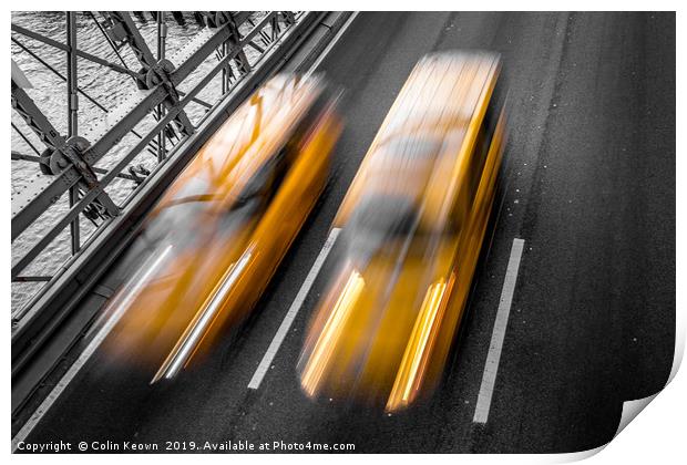 Yellow cabs crossing Brooklyn Bridge Print by Colin Keown