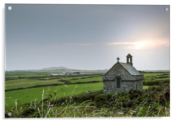 The isolated St Non's Chapel with the sun setting  Acrylic by David Wall