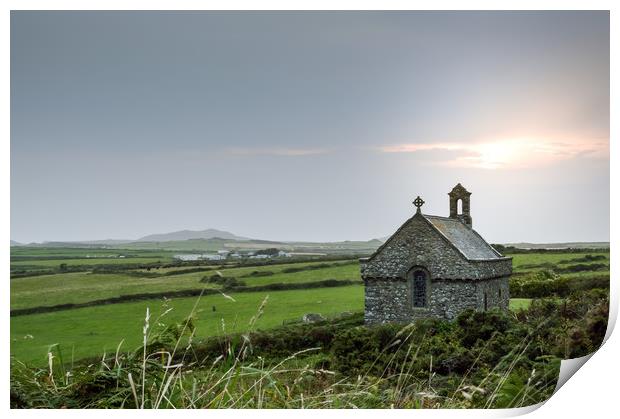 The isolated St Non's Chapel with the sun setting  Print by David Wall