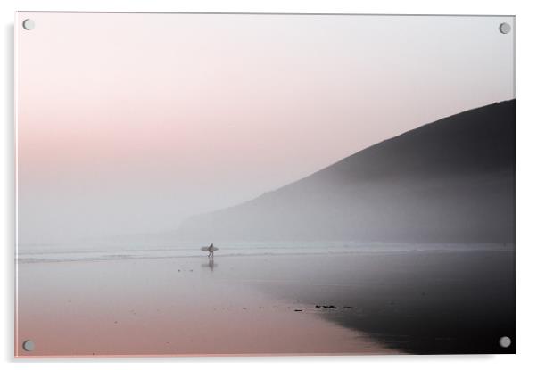 A surfer walking along a misty beach Acrylic by David Wall