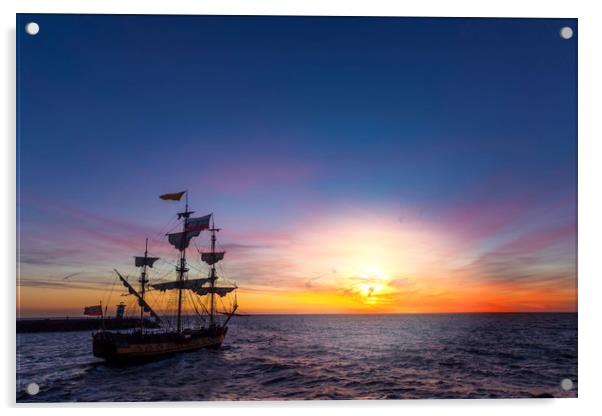 Silhouette of a pirate ship leaving the harbor Acrylic by Ankor Light