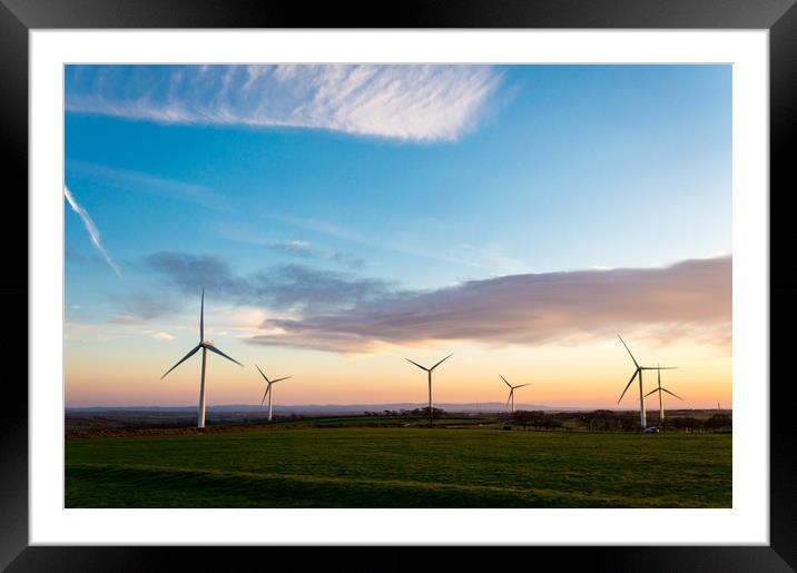 A wind farm at sunrise Framed Mounted Print by David Wall
