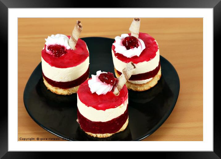 three raspberry cake on dish Framed Mounted Print by goce risteski