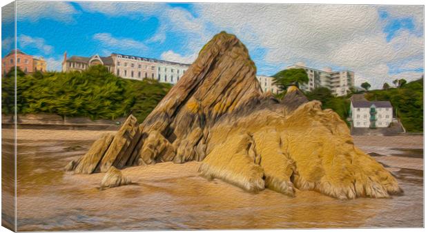 Tenby and the Goscar Rock. (In digital oil paint)  Canvas Print by Michael South Photography