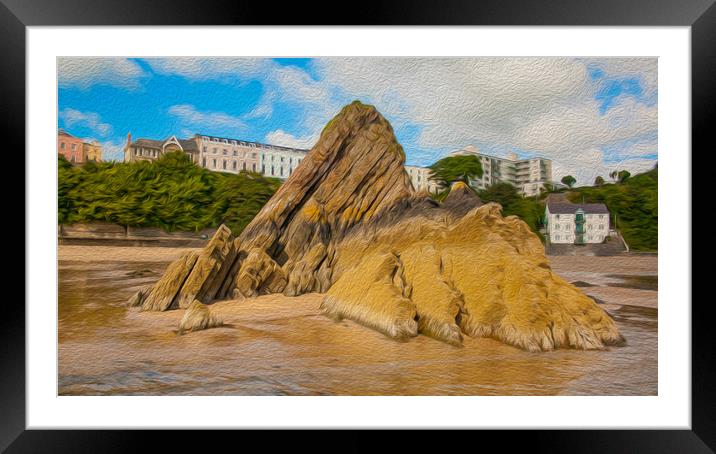 Tenby and the Goscar Rock. (In digital oil paint)  Framed Mounted Print by Michael South Photography
