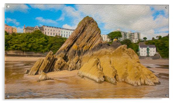Tenby and the Goscar Rock. (In digital oil paint)  Acrylic by Michael South Photography