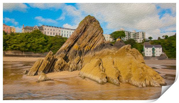 Tenby and the Goscar Rock. (In digital oil paint)  Print by Michael South Photography