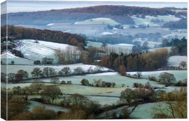 Looking across the fields and woods of an English  Canvas Print by David Wall