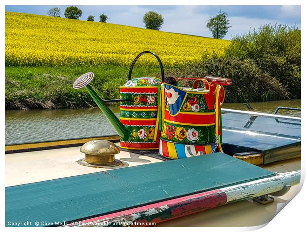 Watering cans on a narrow boat. Print by Clive Wells