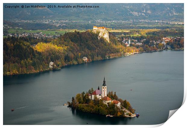 View of Lake Bled from Mala Osojnica Print by Ian Middleton