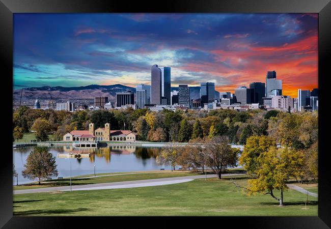 Denver Skyline and Mountains Beyond Lake Framed Print by Darryl Brooks