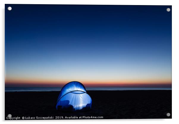 Illuminated tent on the beach by the sea Acrylic by Łukasz Szczepański