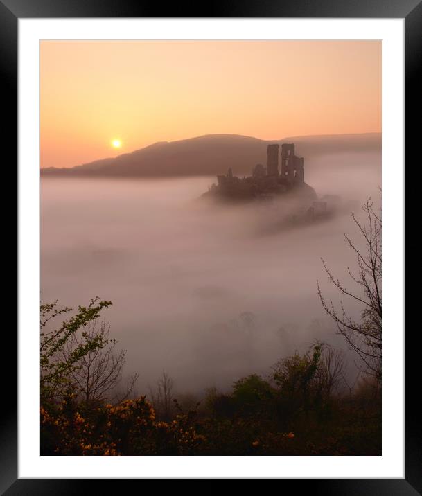 Serene Sunrise at Corfe Castle Framed Mounted Print by David Neighbour