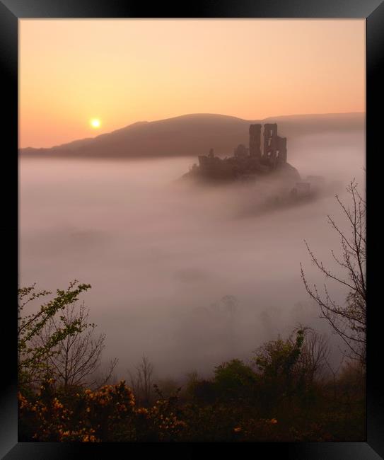 Serene Sunrise at Corfe Castle Framed Print by David Neighbour