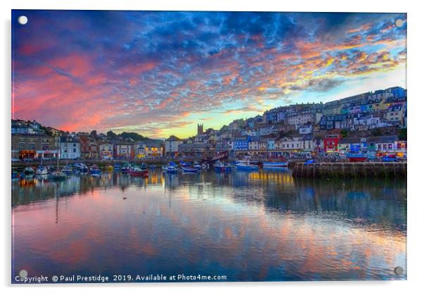 Pink Twilight Reflections in Brixham Harbour Acrylic by Paul F Prestidge