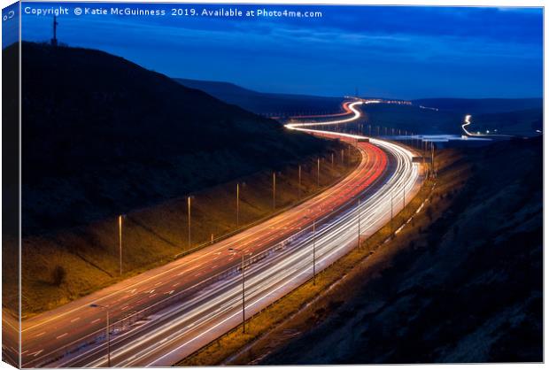 M62 light trails across the Penines in West Yorksh Canvas Print by Katie McGuinness