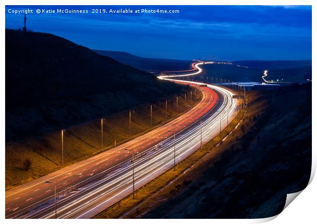M62 light trails across the Penines in West Yorksh Print by Katie McGuinness