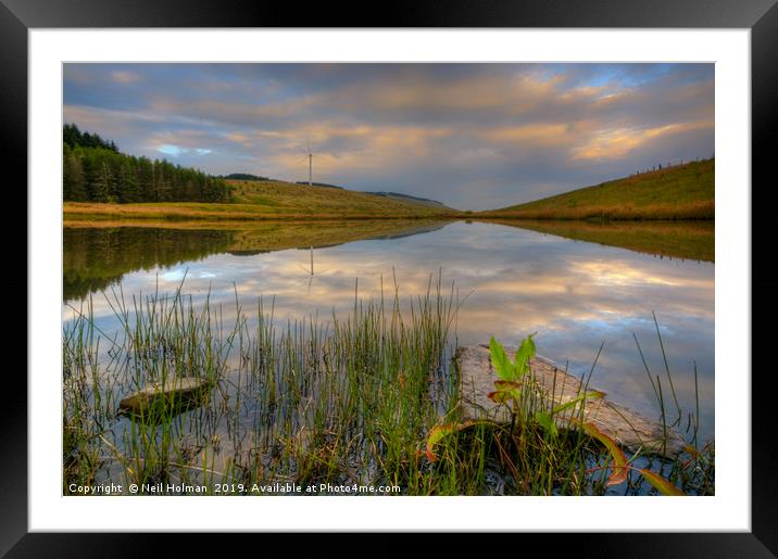 Wind Turbine and Lake Reflections Framed Mounted Print by Neil Holman