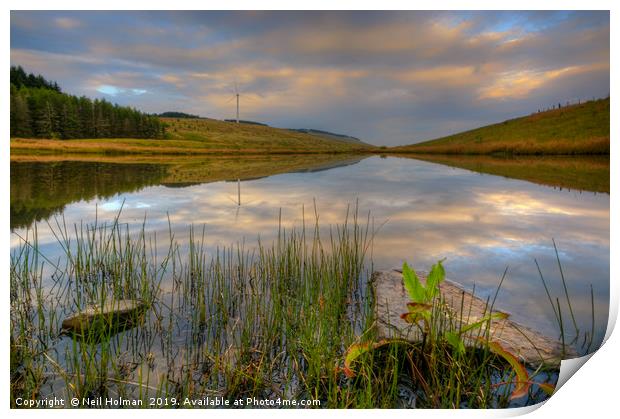 Wind Turbine and Lake Reflections Print by Neil Holman