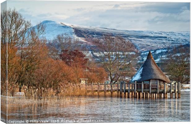 Llangorse Lake Crannog and Mynydd Troed in Winter. Canvas Print by Philip Veale