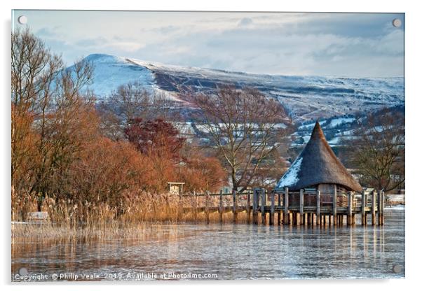 Llangorse Lake Crannog and Mynydd Troed in Winter. Acrylic by Philip Veale