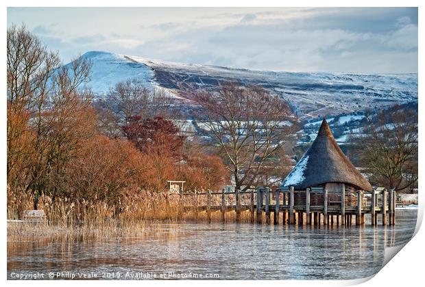 Llangorse Lake Crannog and Mynydd Troed in Winter. Print by Philip Veale