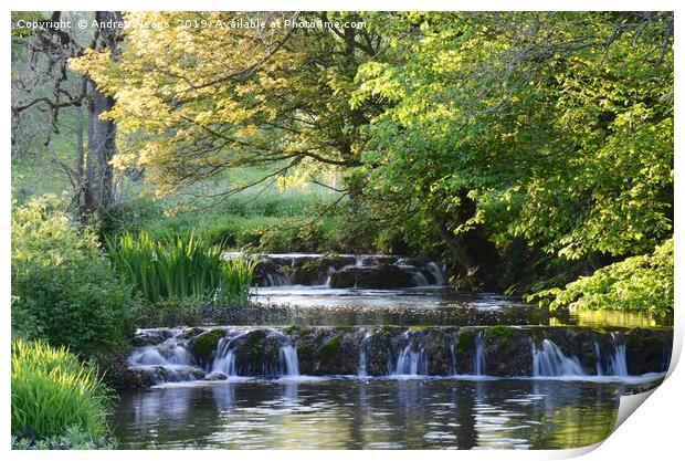 Local weir in Derbyshire countryside Print by Andrew Heaps