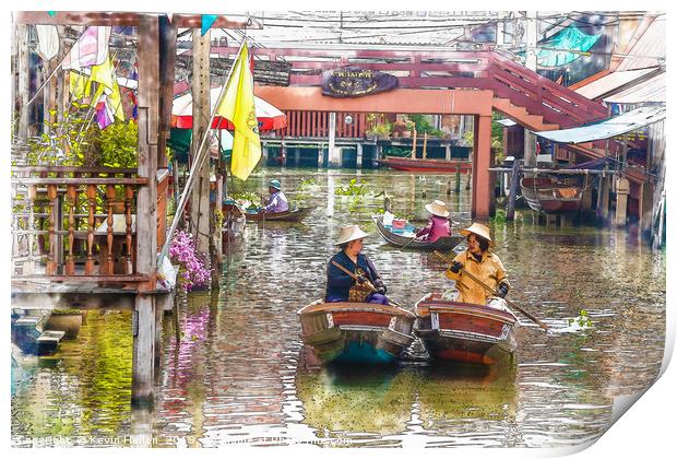 Vendors in boats Print by Kevin Hellon