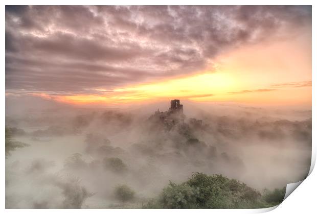 Corfe Castle in the morning Mist Print by daniel allen