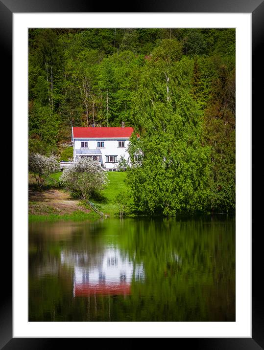 Reflections of a white house on a small lake in Op Framed Mounted Print by Hamperium Photography