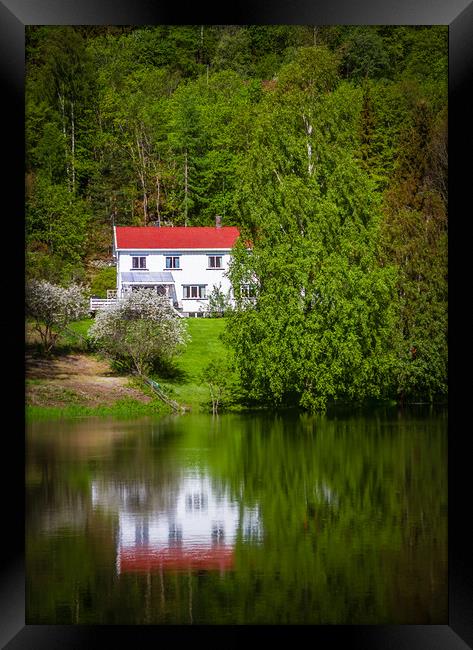 Reflections of a white house on a small lake in Op Framed Print by Hamperium Photography