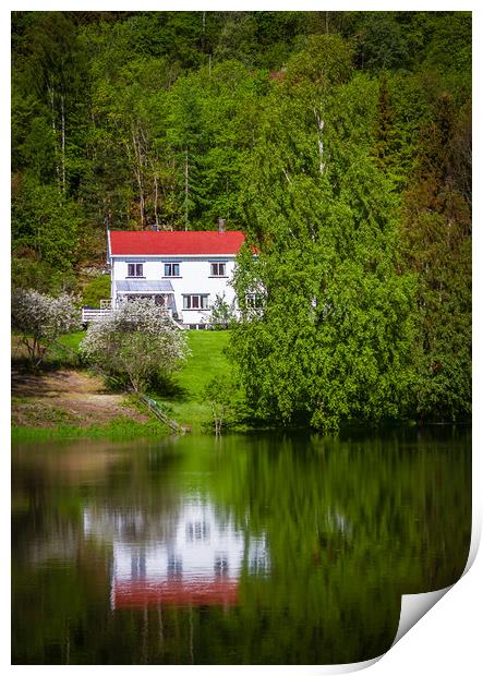 Reflections of a white house on a small lake in Op Print by Hamperium Photography