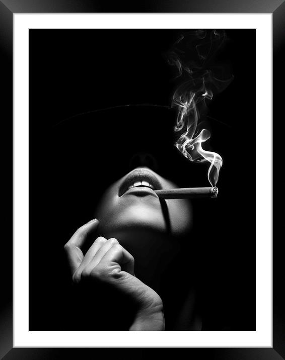 Woman smoking a cigar Framed Mounted Print by Johan Swanepoel